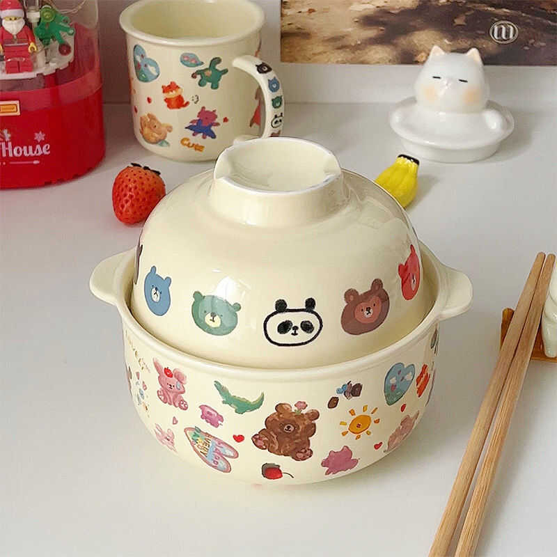 Ceramic Bear Bowl With Lid/Instant Noodle Bowl/Large Capacity Ceramic Breakfast Bowl/Household Tabl