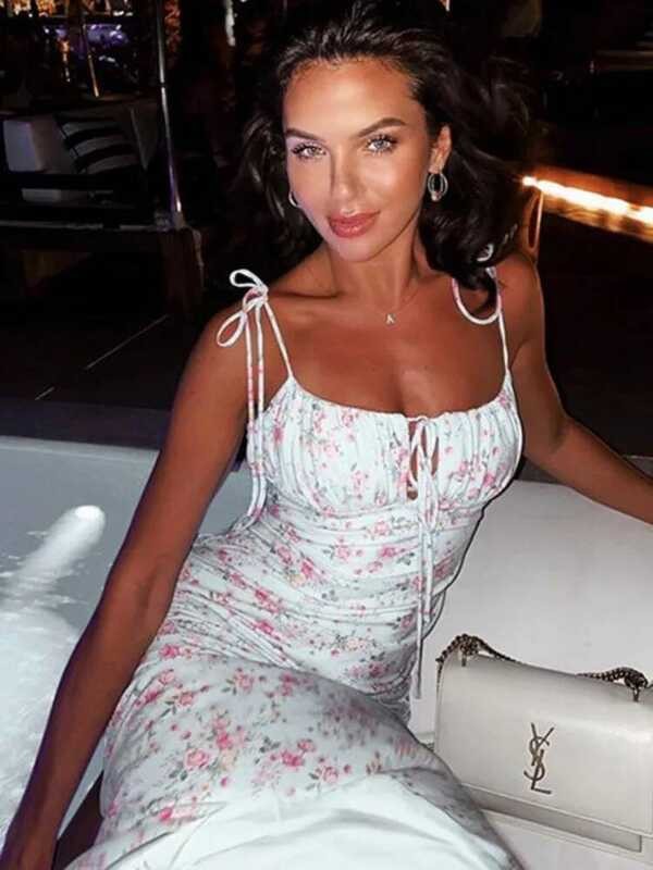 ▥ Kesiachiccly ดอกไม้พิมพ์เซ็กซี่ Draped Slip Maxi ชุดลูกไม้ชุดชายหาดผู้หญิงแขนกุด Party Club V - รูปที่ 2