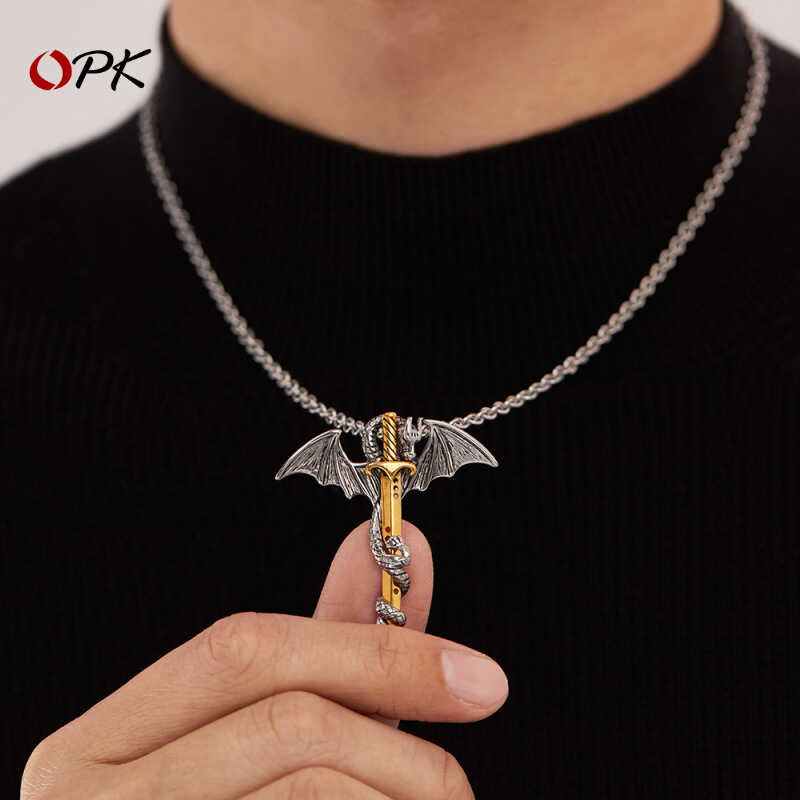 OPK เครื่องประดับอินเทรนด์ผู้ชาย Rock แฟชั่น Pterodactyl ดาบทองผู้ชายสร้อยคอสแตนเลส
