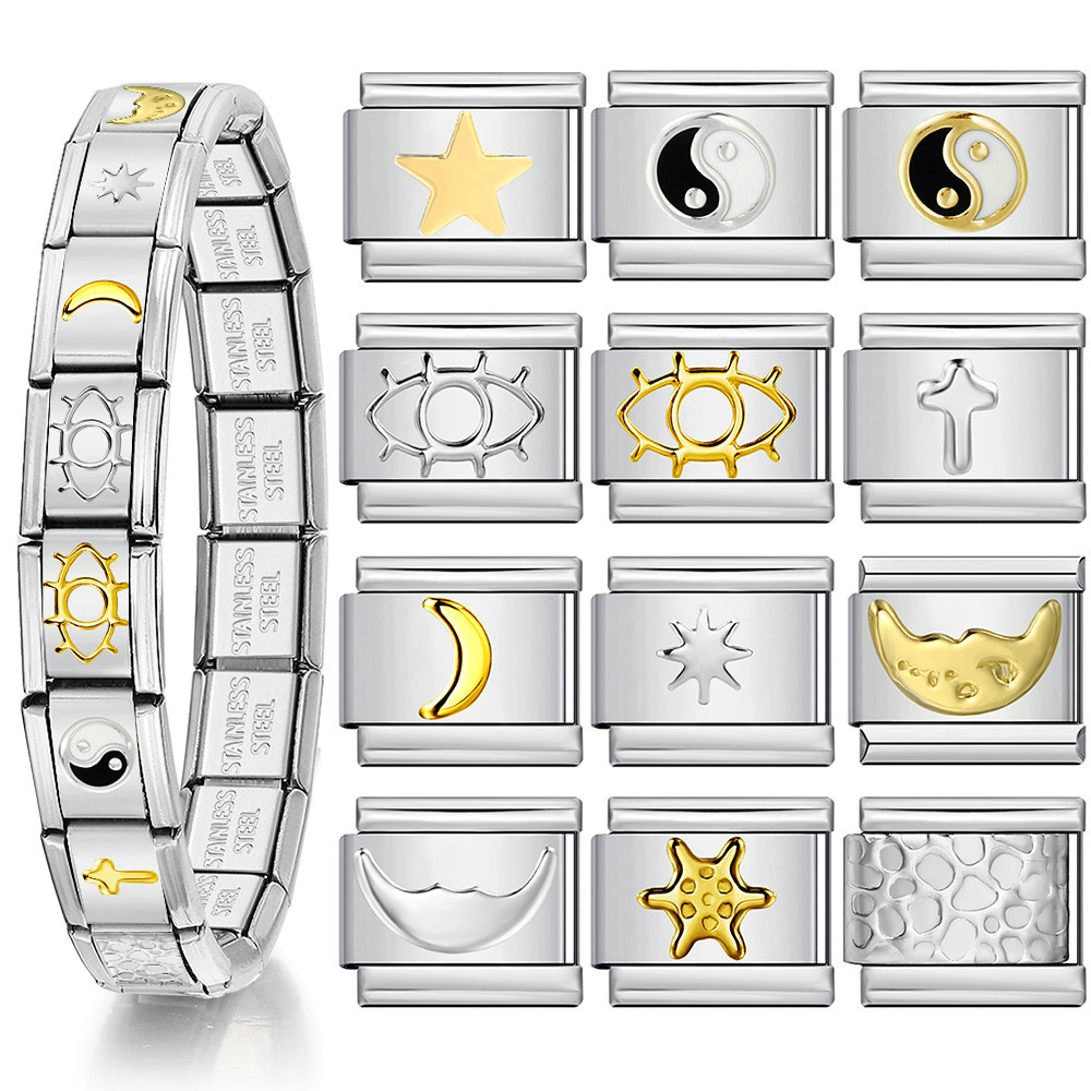 1 ชิ้น Y2K ลึกลับ Eye Moon Star อิตาเลี่ยน Charm สร้อยข้อมือสแตนเลส Elastic Link Chain DIY ทําเครื่องประดับอุปกรณ์เสริม