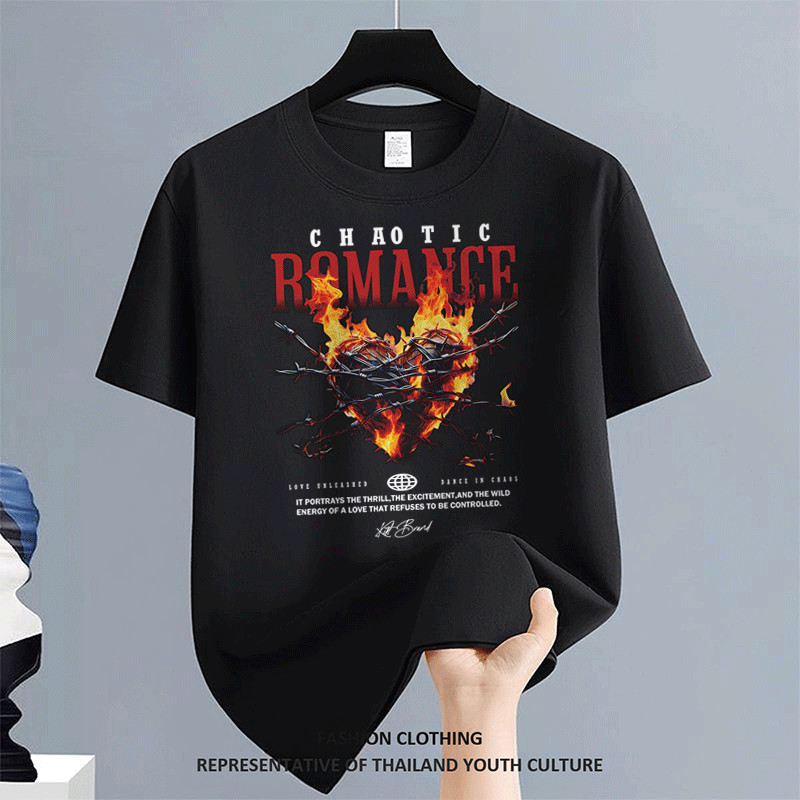 เสื้อยืด สวมใส่สบาย ผ้าเนื้อนุ่ม สตรีทแฟชั่น วินเทจ OVERSIZE สีขาว-ดำ คอกลม ลายการ์ตูน ผู้ชาย เสื้อเมกา สีดําแขนสั้น