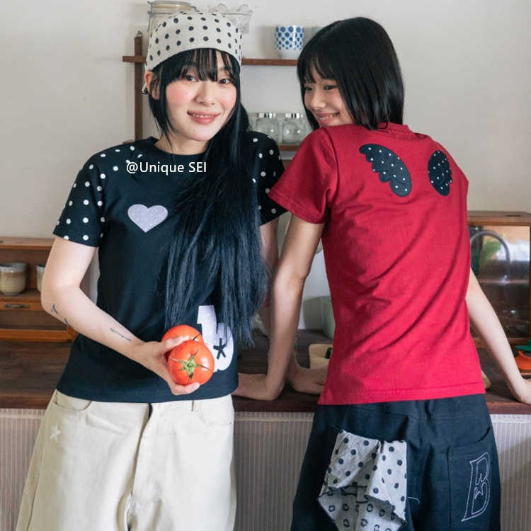 เสื้อยืดแขนสั้น Polka Dot Love Heart Small Wing_patch สไตล์ All-Match