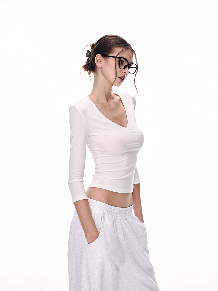Shanmieleng เสื้อยืดแขนสั้นสีขาว สไตล์Slim-Fit คอกลม สำหรับผู้หญิงในฤดูร้อน