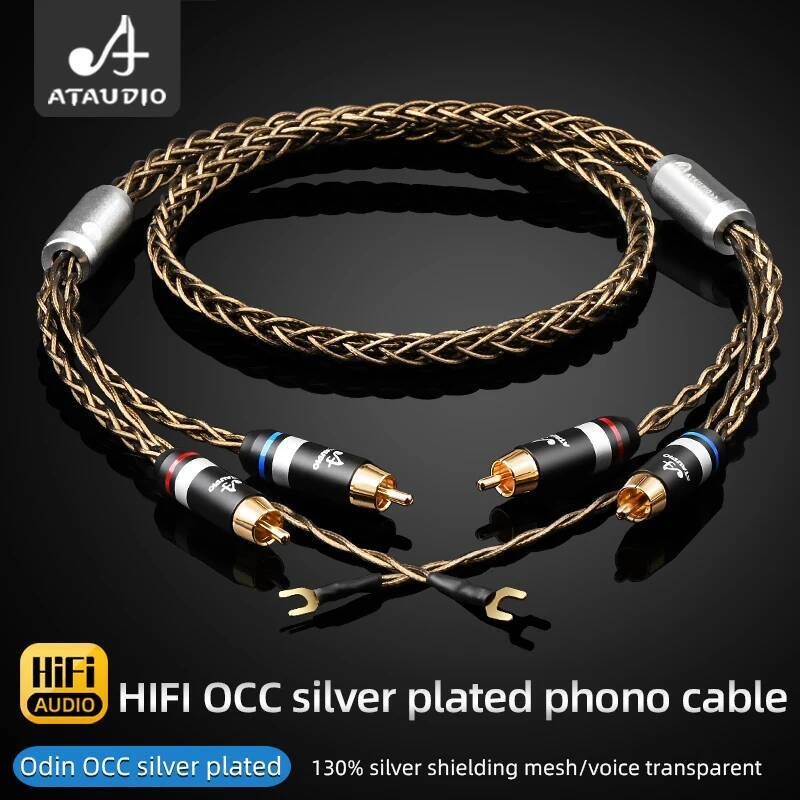 ATAUDIO Audio 2RCA Cable พร้อมสายดิน 7N OCC silver Plated shield LP Vinyl Record Player Amplifier Ch
