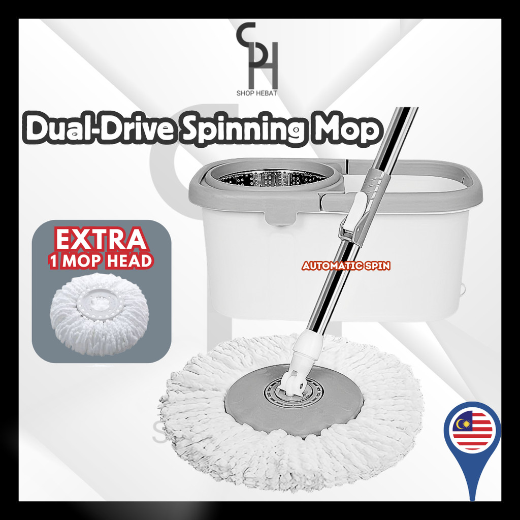 Hebat Dual-Driven Auto Spin Mop Set พร้อมถัง 360 หมุน Quick Dry Mop Lantai Mop Spinner เครื่องมือทํา