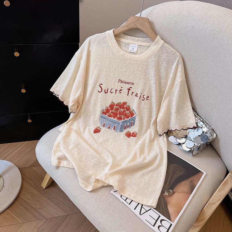 เสื้อยืดแขนสั้นพิมพ์ลายสตรอเบอร์รี่ คอนุ่มนวล สวมใส่สบาย91950