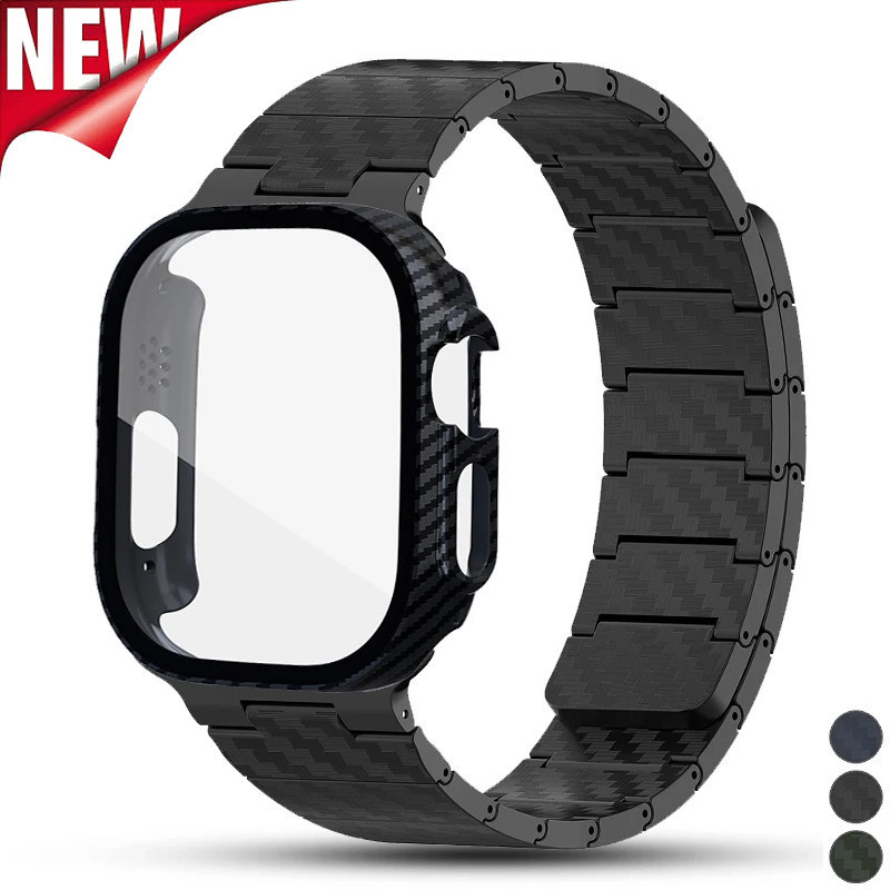 สายรัดแม่เหล็กคาร์บอนไฟเบอร์ + PC Case Band สําหรับ Apple Watch ultra2 IWatch series 9 8 7 6 SE 5 4