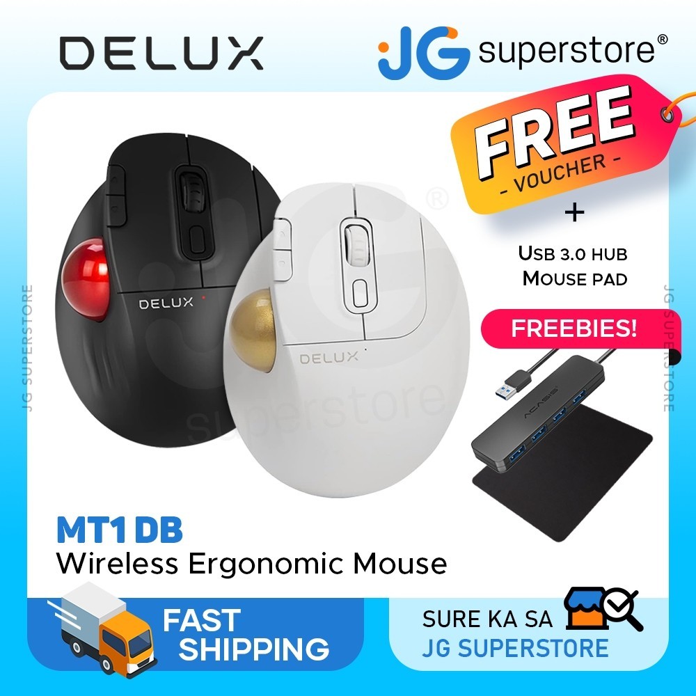 Delux MT1 DB Bluetooth / 2.4GHz Wireless Ergonomic Trackball Mouse พร้อม 2400 DPI - สีดํา, สีขาว
