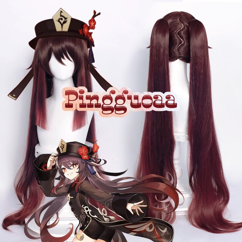 Genshin Impact HuTao Cosplay Wig 110cm Long Brown Ponytails Heat Resistant Synthetic Hair