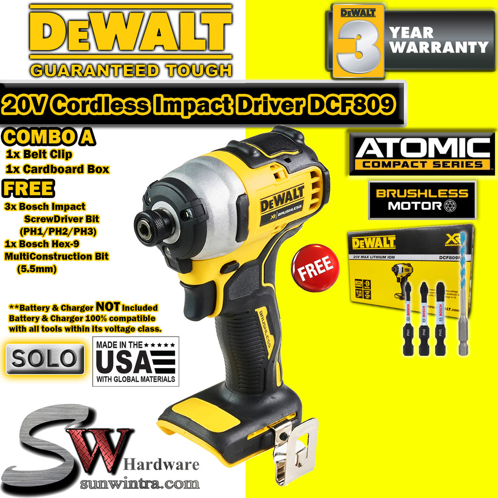 DEWALT ATOMIC 20V MAX BRUSHLESS IMPACT DRIVER DCF 809 DCF809 FC IMPACT DRILL DRIVER BIT DCF809N