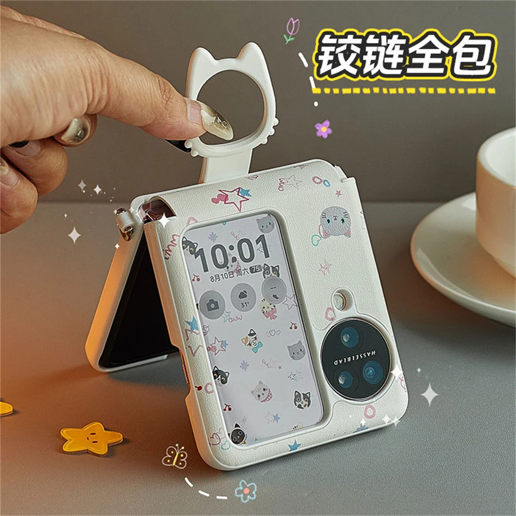 ใหม่น่ารักเต็มหน้าจอตลกลูกแมวเคสโทรศัพท์พร้อมแหวนแมวสําหรับOPPO N3flip N2 flip N3 Flip N2flip N3Flipกันกระแทกปกหลัง