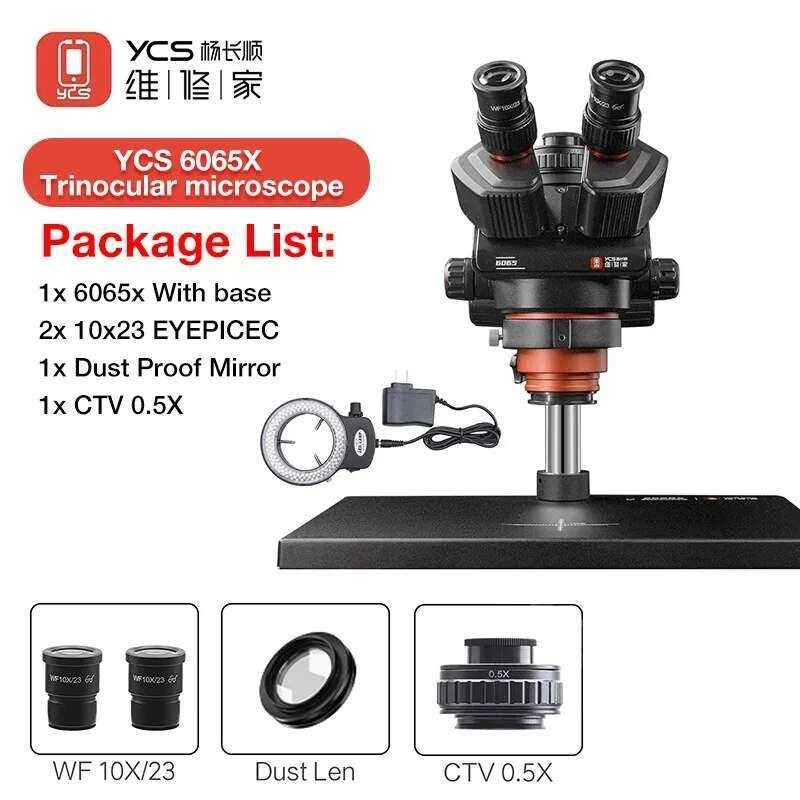 YCS กล้องจุลทรรศน์ 6065X HD Trinocular กำลังขยาย 0.6x-6.5x สำหรับโทรศัพท์ ชุดเครื่องมือกล้อง 4K สำหร