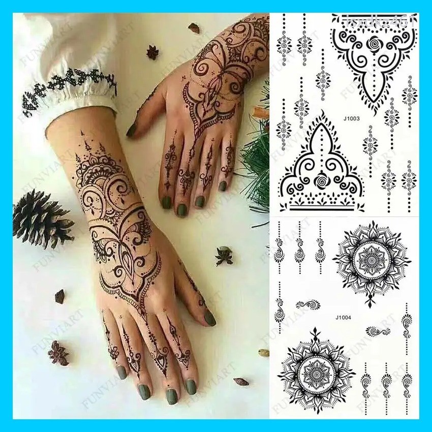 Black Henna รอยสักชั่วคราวสำหรับผู้หญิงลูกไม้ดอกไม้ Mehndi สติกเกอร์สำหรับมือปลอม Henna Tattoo สติก