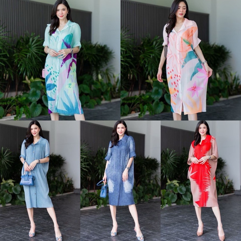 ♞เดรสพลีทตัวยาวคอปกลายสวยผ้าดีใส่สบาย ต้อนรับซัมเมอร์สเทศกาลสงกรานต์ค่ะ WFD