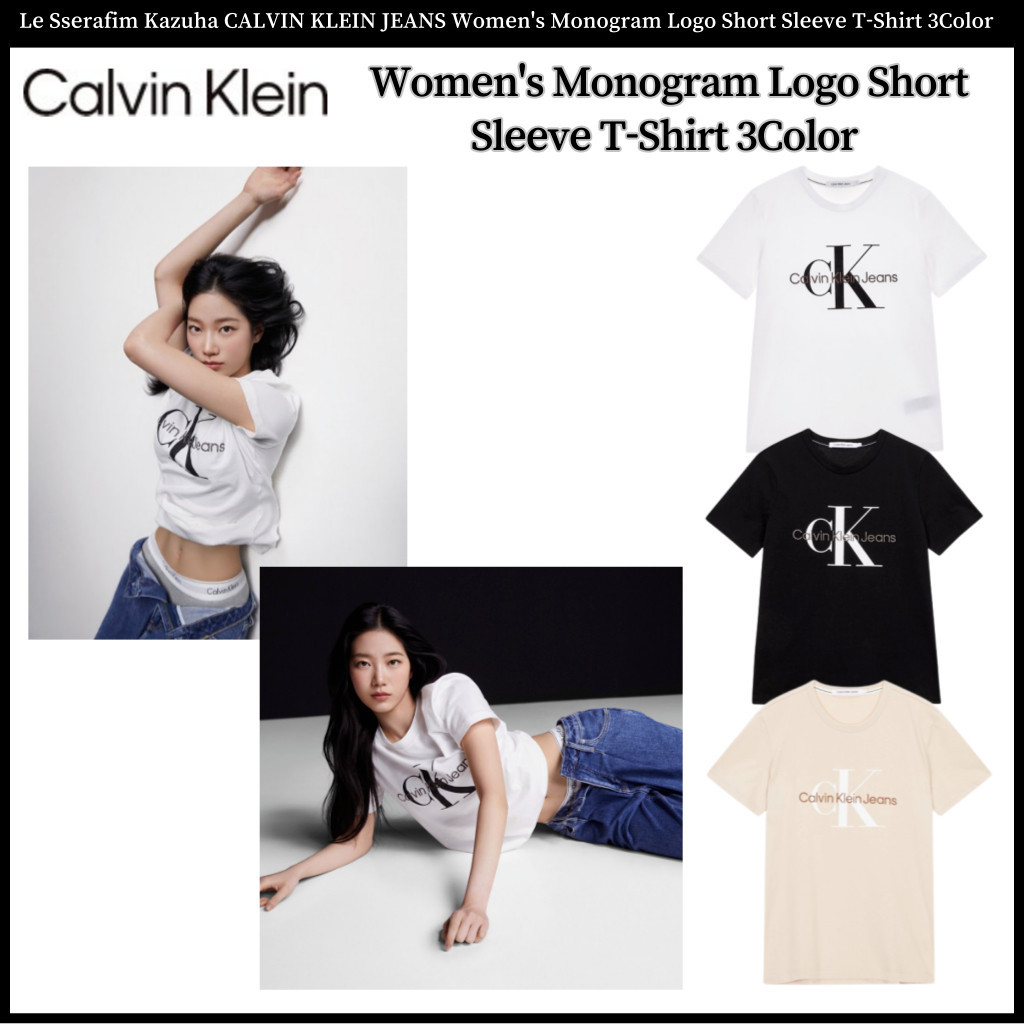 ♞,♘,Le Sserafim Kazuha CALVIN KLEIN JEANS เสื้อยืดแขนสั้น พิมพ์ลายโลโก้โมโนแกรม สําหรับผู้หญิง 3 สี