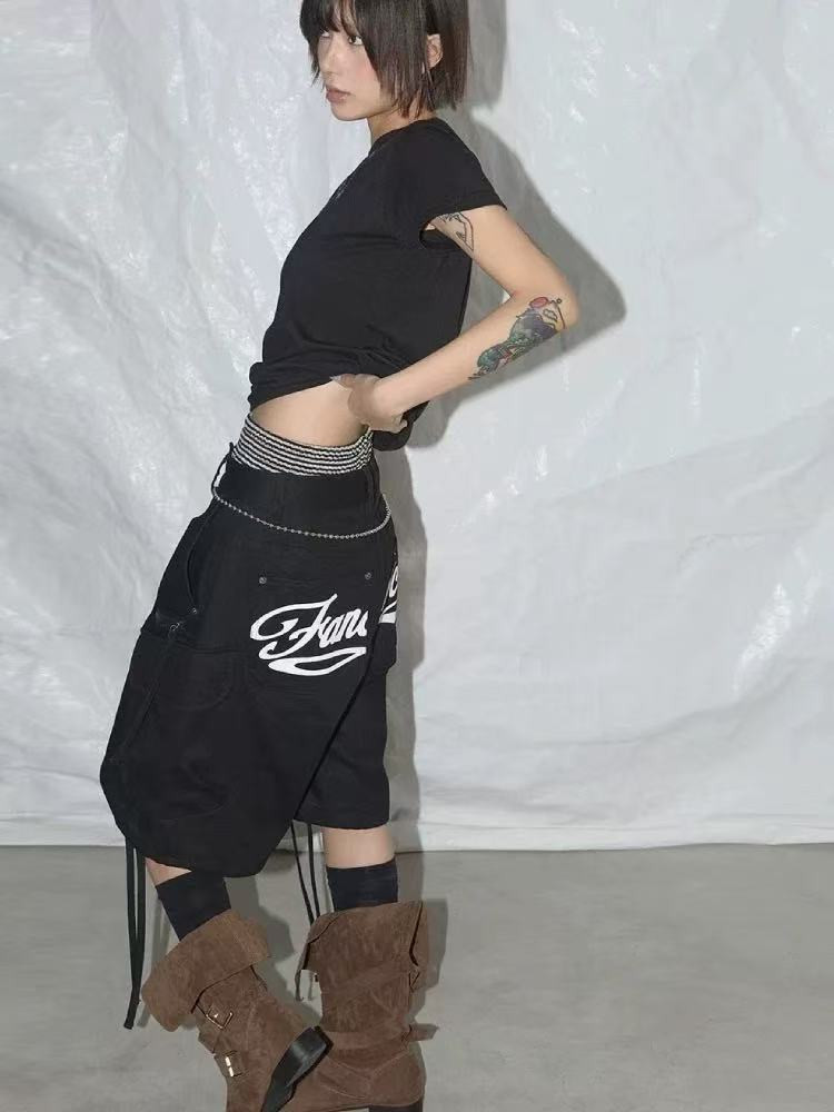 American Style Street Style  Letter Printing Large Pocket Jeans Women 2025 สไตล์ใหม่
