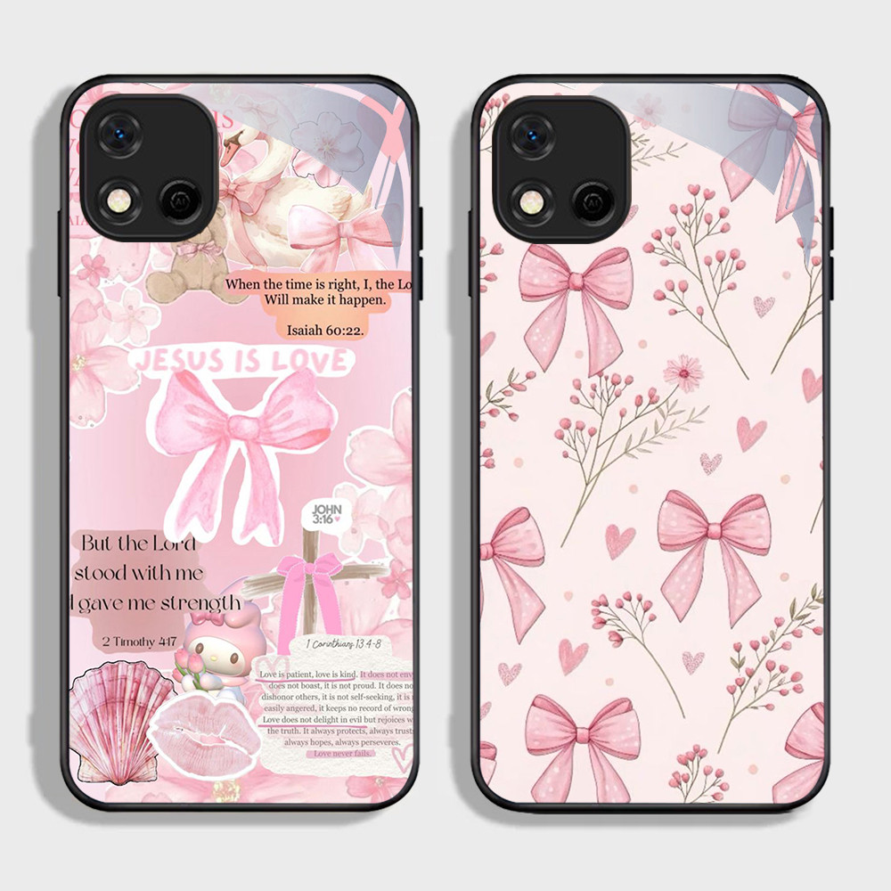 NA-66 สีชมพูโบว์รูปแบบ HD Softcase Glossy Glass สําหรับ Realme C20 C20A C11 OPPO A16E A16K A93 Reno 