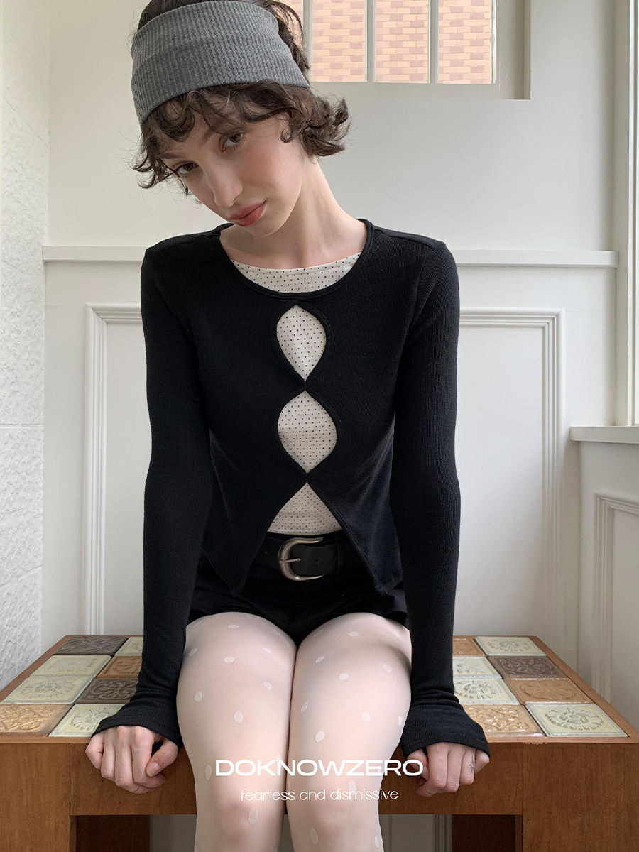 Shanmieleng เสื้อยืดแขนยาวผู้หญิง ลายจุดว่าง สไตล์ใหม่ เหมาะสำหรับฤดูใบไม้ร่วง