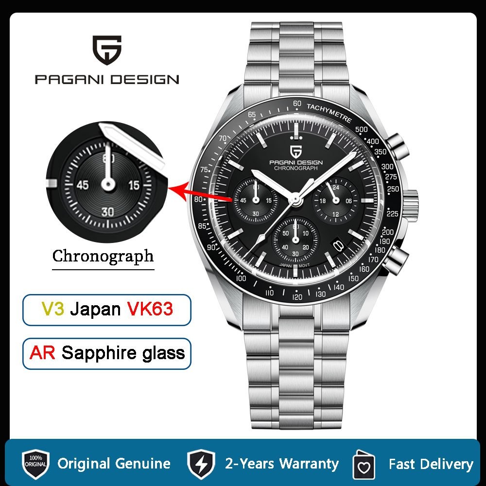 Pagani DESIGN นาฬิกาข้อมือควอตซ์แฟชั่น สายแซฟไฟร์ สเตนเลส กันน้ํา สําหรับบุรุษ Vk63 PD-1701