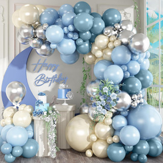 100 ชิ้น Dusty Blue Metallic Silver Macaroon Blue Balloon Ga…