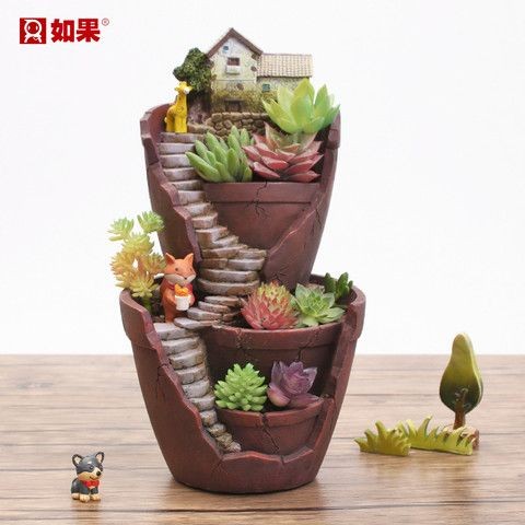 Creative succulent กระถางดอกไม้ Pastoral Retro succulent พืชกระถางเรซิ่นตกแต่งส่วนบุคคล Micro Lands