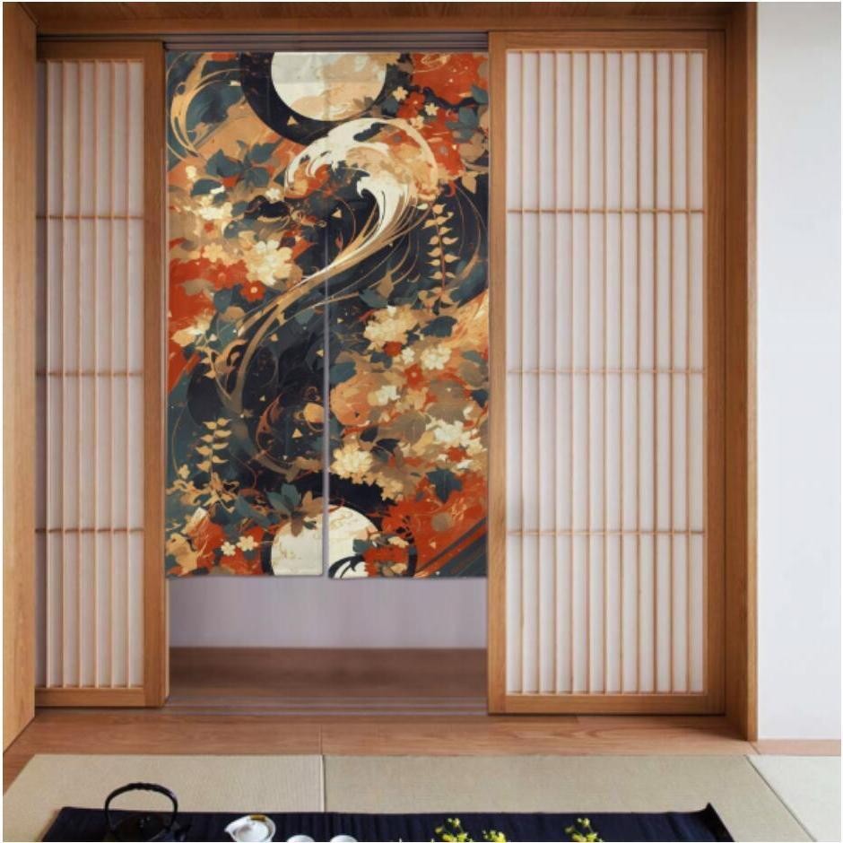 Linya ng Kislap Curtain Studio- ม่านประตูสัมผัสคลื่นลายดอกไม้สไตล์ญี่ปุ่น (Ukiyo - e Craft Linen Tex
