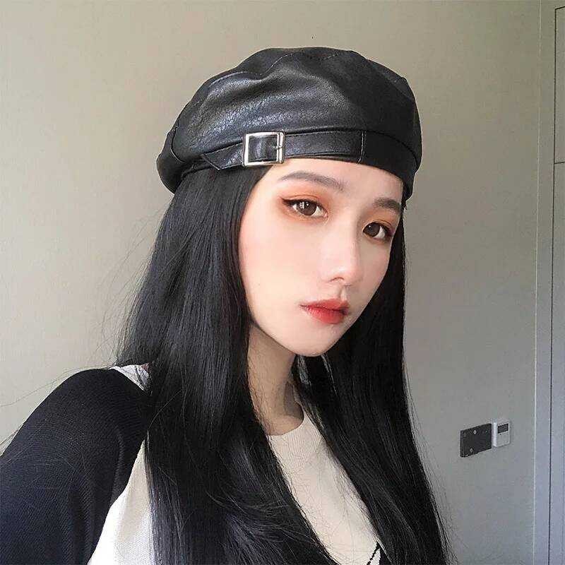 ▥ K186 ผู้หญิงหมวก PU หนัง Beret แฟชั่น Retro เหล็กหัวเข็มขัดจิตรกรหมวกแปดเหลี่ยมหมวกผู้หญิง Ke