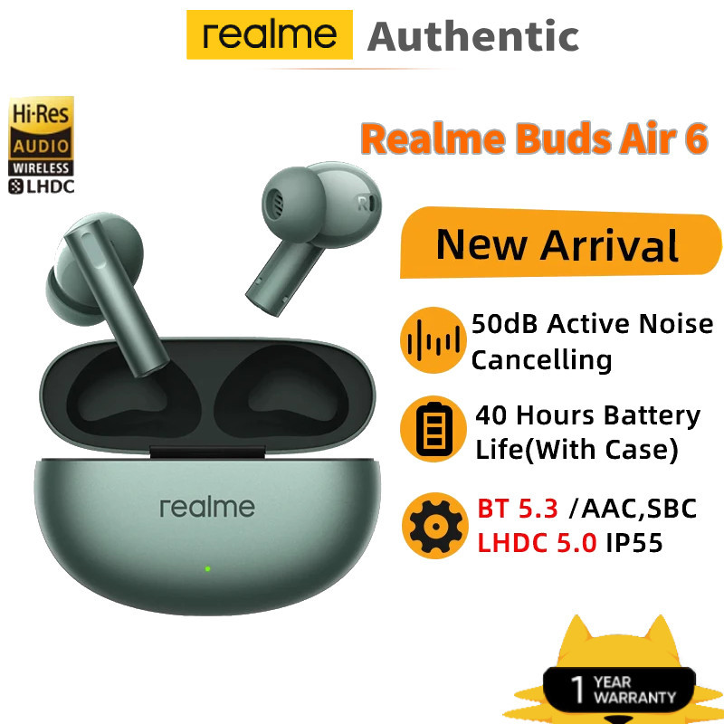 Realme Buds Air 6 TWS หูฟัง 50dB Active Noise Cancelling หูฟังไร้สายบลูทูธ 5.3 LHDC 5.0 IP55 40 ชั่