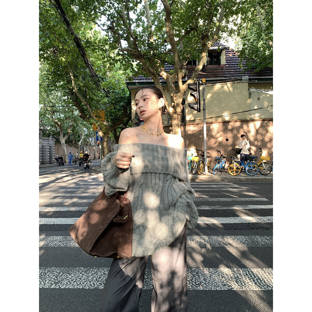Shanmieleng เสื้อสเวตเตอร์คอแบนผู้หญิงฤดูใบไม้ร่วงฤดูหนาวสไตล์ใหม่สีทึบปิดไหล่หนาทั้งหมด @-