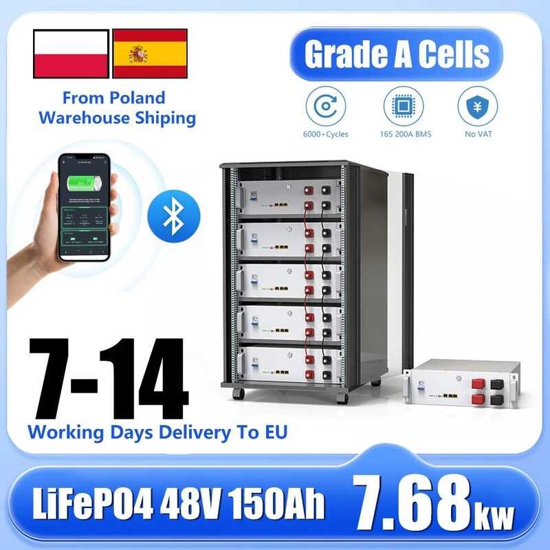 แบตเตอรี่ลิเธียม 48V LiFePO4 150Ah 7.6KW บลูทูธ 51.2V 100Ah 200Ah 6000+ รอบในรูปแบบขนาน CAN/RS48