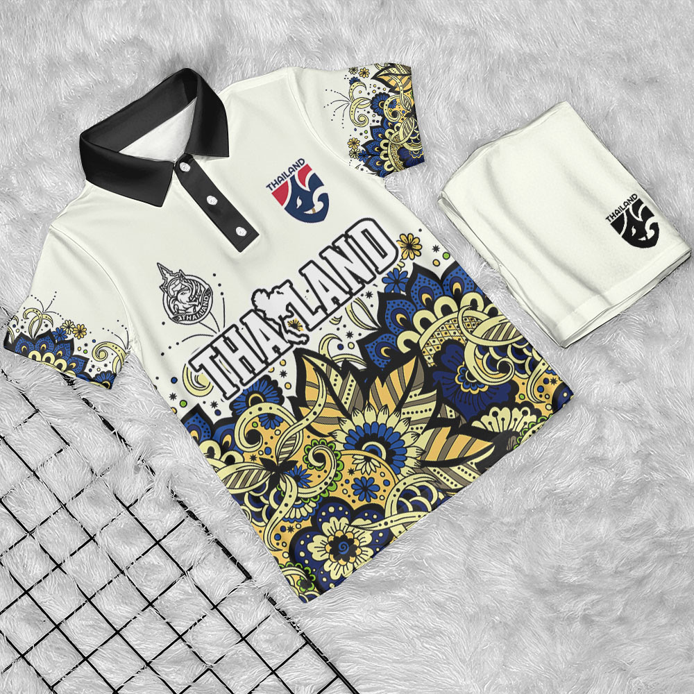 เสื้อโปโลแขนสั้นผู้ชาย ลายดอกไม้ไทย แห้งเร็ว เหมาะสำหรับสวมใส่เล่นกีฬาและกิจกรรมกลางแจ้ง
