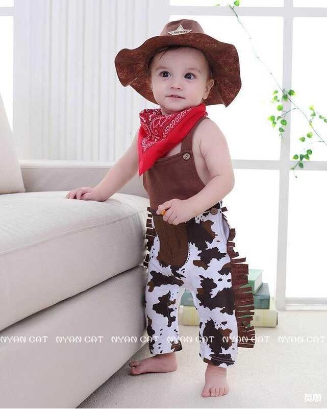 ❤ Kids Cowboy Costume With Hat Scarf 0-3Years Baby Romper Bodysuit Toddler Boy Girl Carnival F