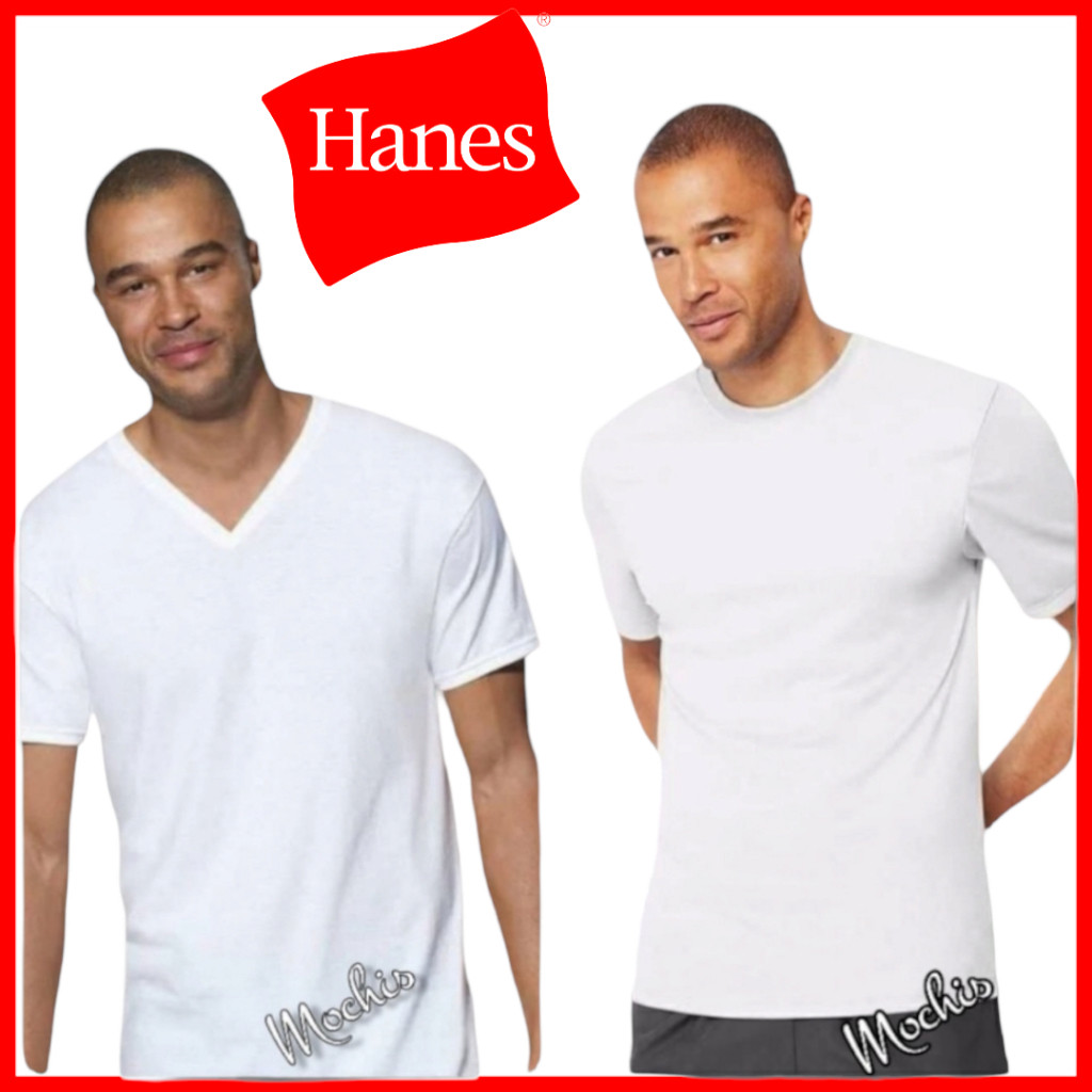 Hanes เสื้อยืดผ้าฝ้ายสีขาวผู้ชายคอวีและคอ R ในแพ็คปิดผนึก 3 ชิ้น/แพ็ค