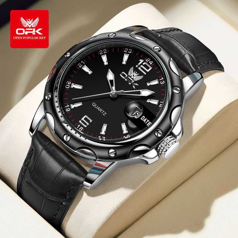 Men's OPK Watch Original 100% Authentic La Waterproof Luminous Calendar Simple Dial Genuine Leather