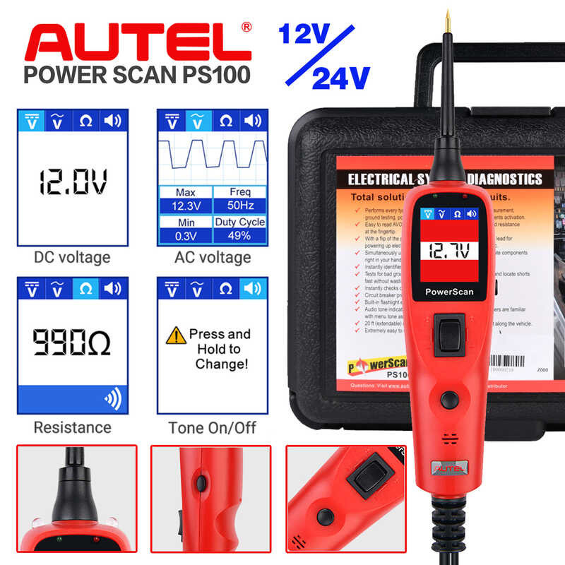 Autel Ps100 12V/24V Automotive Tester,Car Battery Tester,Electrical System Diagnosis Tool,Power Cir