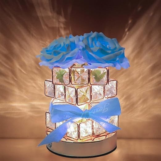 ไฟ LED แบบชาร์จไฟดอกกุหลาบโคมไฟดอกกุหลาบประดิษฐ์พร้อมคริสตัล Cube แจกันหรี่แสงได้ 3 สีวันแม่ของขวัญแฟนสาวสำหรับผู้หญิง