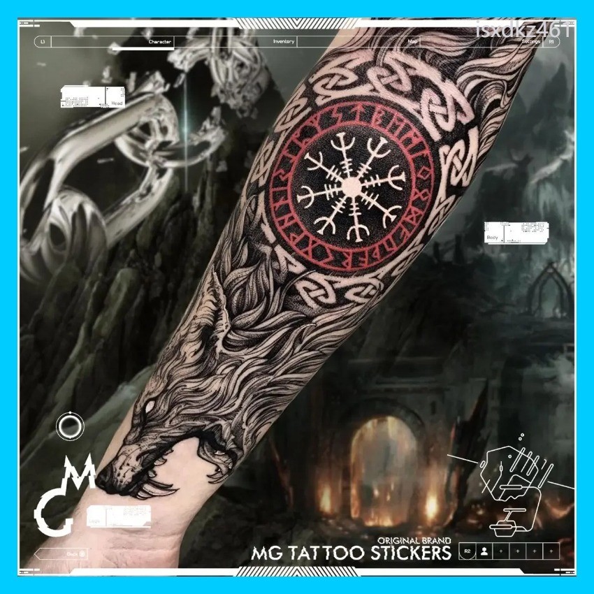 ยาวนานหัวหมาป่าปลอมสักสำหรับชายหญิงแขน Art Totem Tattoo สติกเกอร์ Punk รอยสักชั่วคราวกันน้ำ Tatuaje