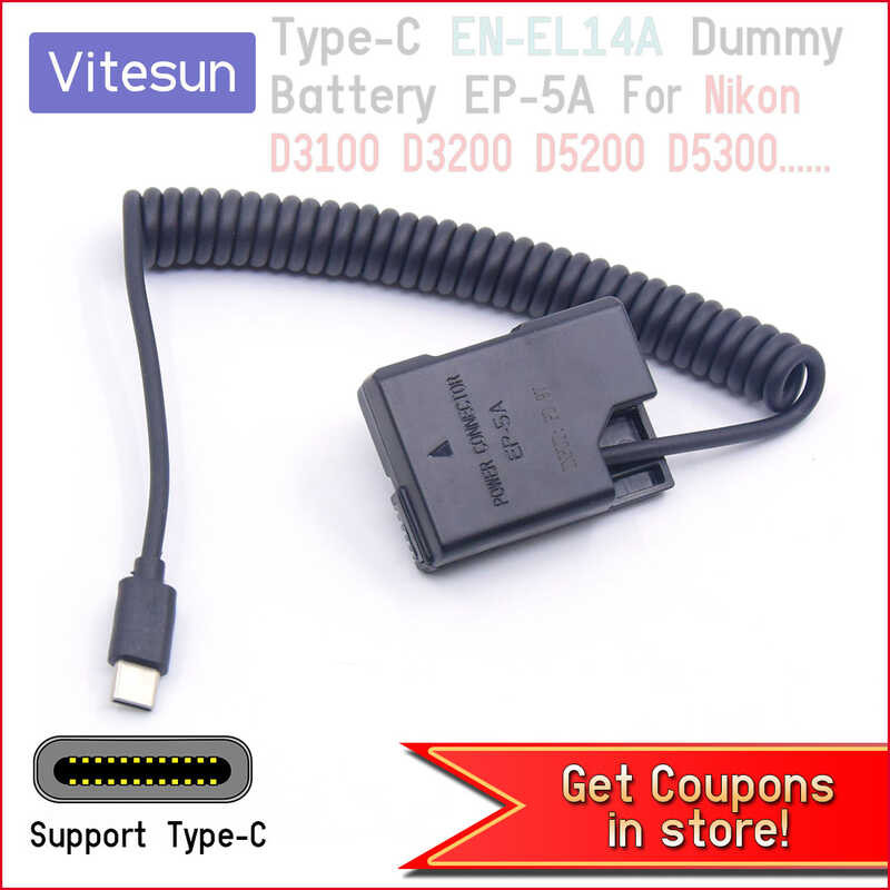 USB 8 TYPE-C EN-EL14A Dummy Battery EP-5A Power Bank Adapter Cable For Nikon D3100 D3200 D3300 D3