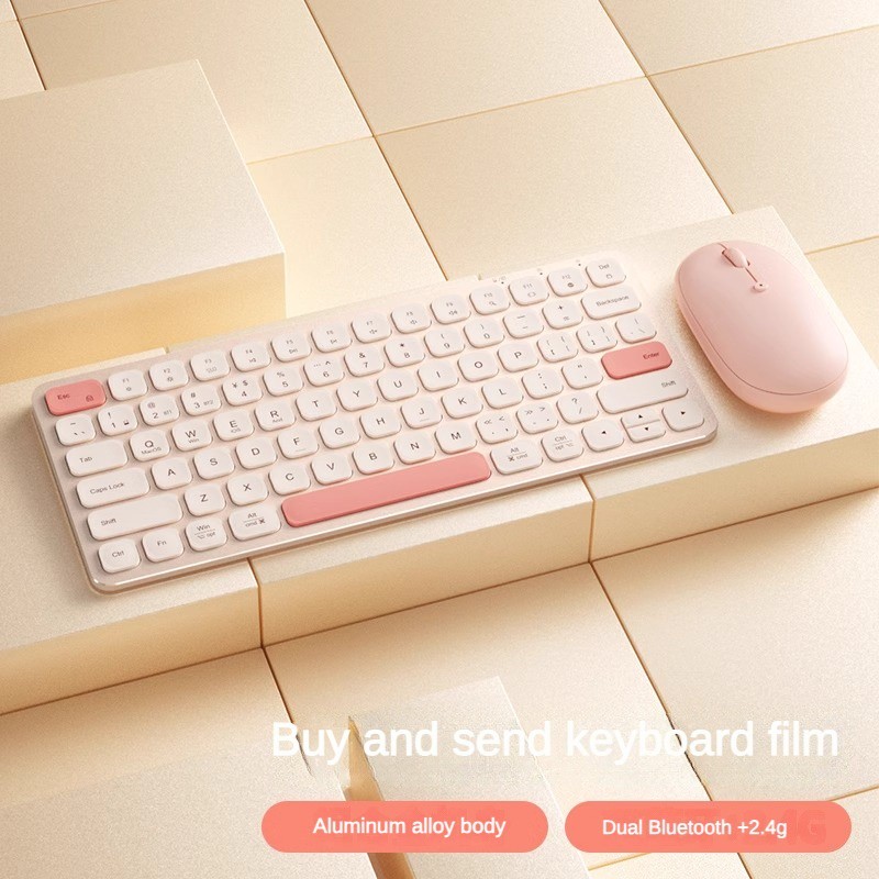 Bow Wireless Bluetooth Pink Keyboard and Mouse Set Dual Mode Rechargeable for Girl Students Office