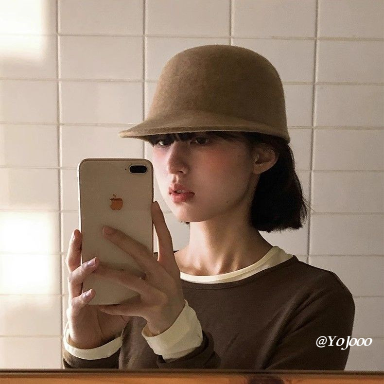 หมวกบักเก็ตฤดูใบไม้ร่วงฤดูหนาวสีทึบทําด้วยผ้าขนสัตว์ สไตล์อังกฤษ แฟชั่นแจ๊ส
