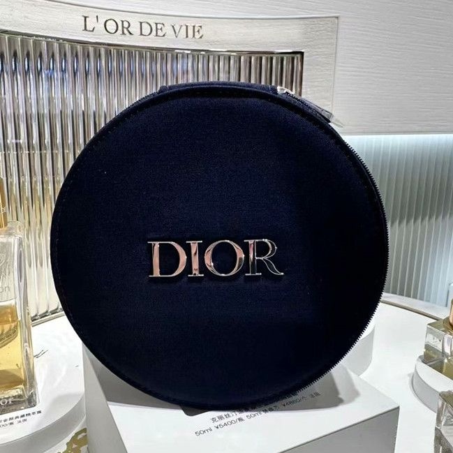 Dior Beauty Gift Dark Blue Round Cake Cosmetic Bag Navy Simple Mirror Storage Bag