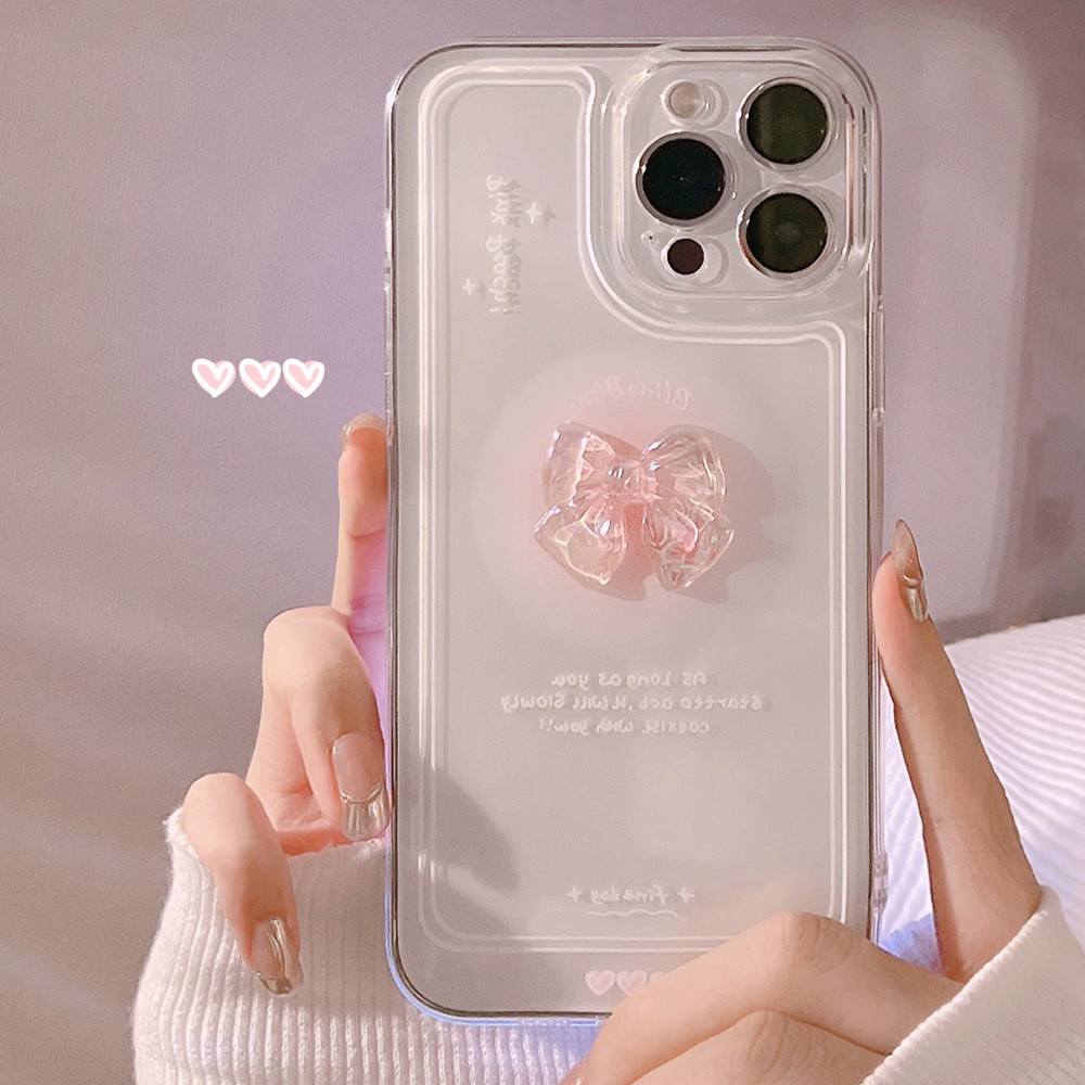 เกาหลี 3D Bow Clear Soft เคสโทรศัพท์สําหรับ IPhone 11 15 16 Pro Max 13 14 12 Promax 16plus XR XS Max 7Plus 8Plus Candy น่ารักโปร่งใส