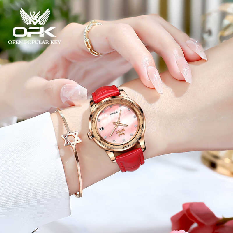 Watch OPK For Women Original Leather Strap Waterproof Trendy Fashion Dia Embellished Luminous Korea
