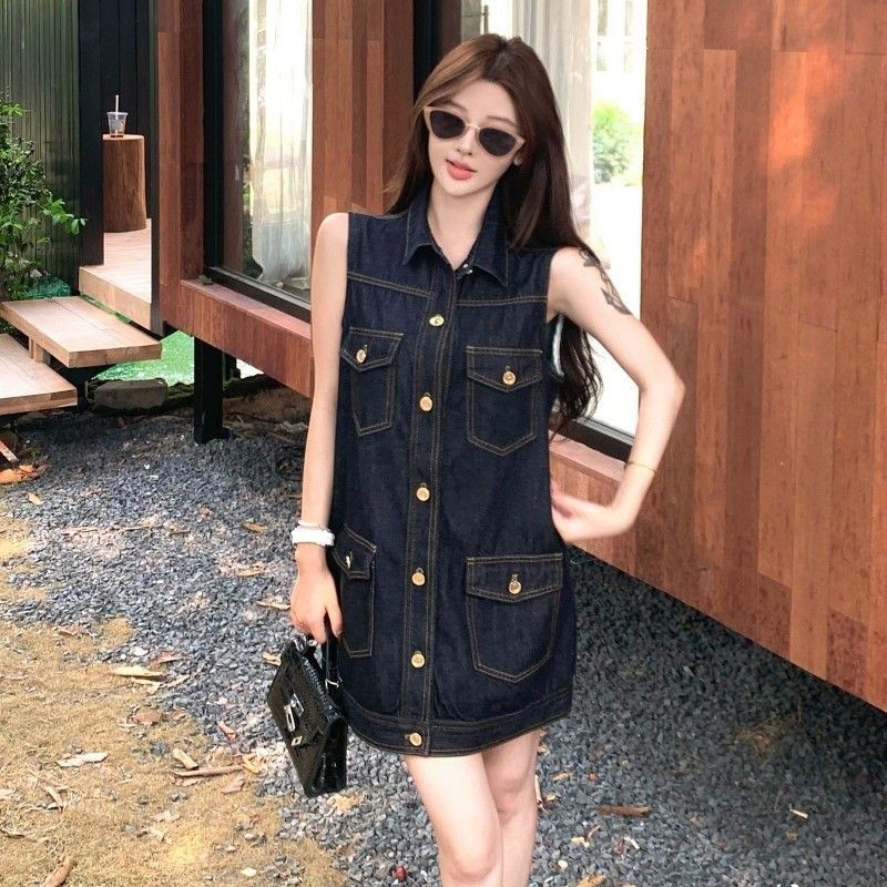 High-End Dark Blue ชุดเดรสแขนกุดผู้หญิงฤดูร้อนสไตล์ใหม่เกาหลีรุ่น Casual ครอบคลุมเนื้อหลวม Slimmer ดูกระโปรงยีนส์