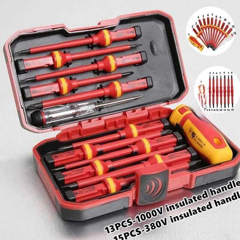 15 ชุดเครื่องมือซ่อมช่างไฟฟ้า ชิ้น 1000V ชุดไขควงหุ้มฉนวนที่เปลี่ยนได้พร้อมแม่เหล็ก แบบ Slotted Phil