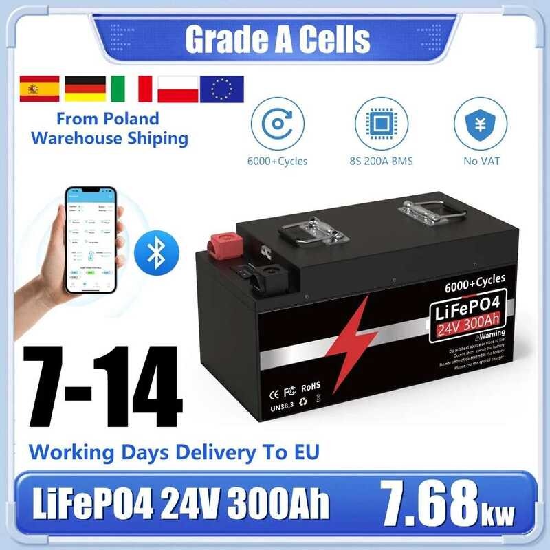 แบตเตอรี่ LiFePO4 24V 300Ah 200Ah 100Ah บลูทูธ 200A BMS 25.6V 6000+ รอบ เซลล์เกรด A สำหรับ RV Boa