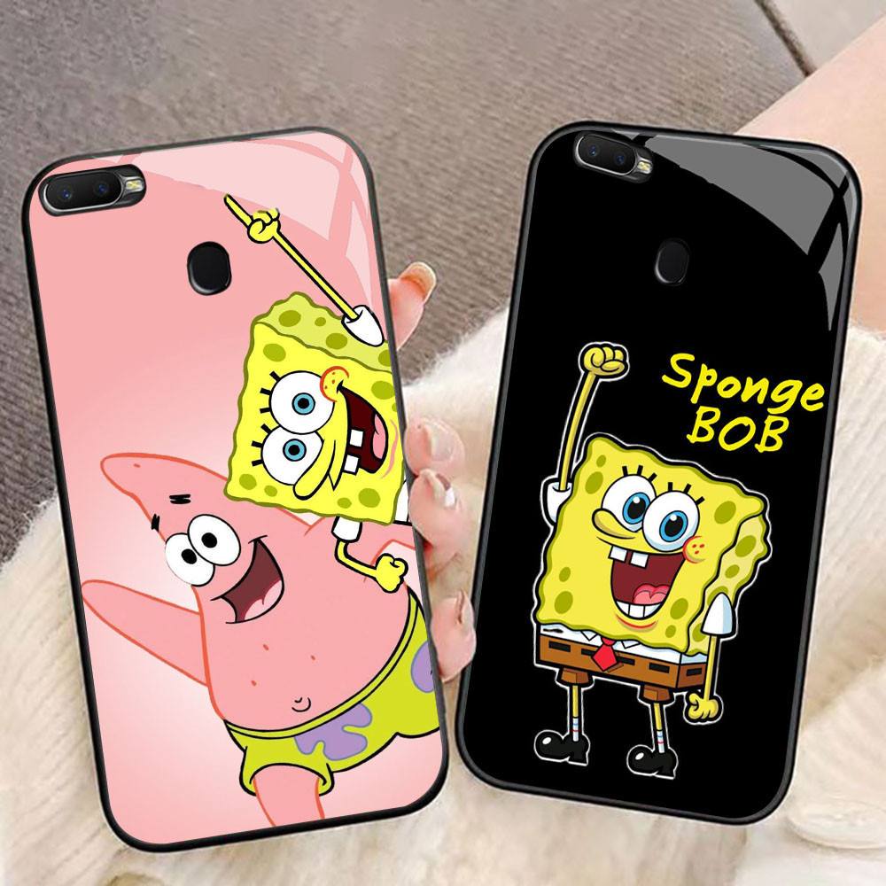 MK-33 SpongeBob Liquid HD Glass Casing สําหรับ OPPO A7 A12 A12S A11K A5S F9 F7 F5 Realme 2 Pro