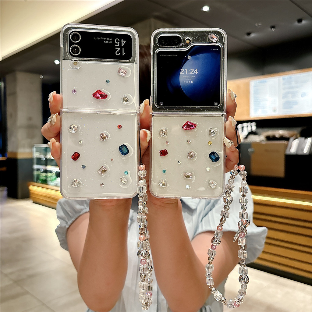 เกาหลีสดเต็มหน้าจอเพชรกรณีกับโบว์สร้อยข้อมือโซ่สําหรับ Samsung Galaxy ZFlip 3 ZFlip 4 ZFlip 5 ZFlip 6 ปกหลัง