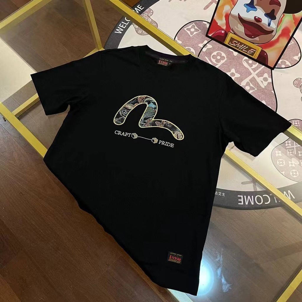 2024 ฤดูร้อนใหม่ EVISU Fukushen Brocade Seagull Patch ปักตัวอักษรสบายๆหลวมรอบคอแขนสั้นเสื้อยืด