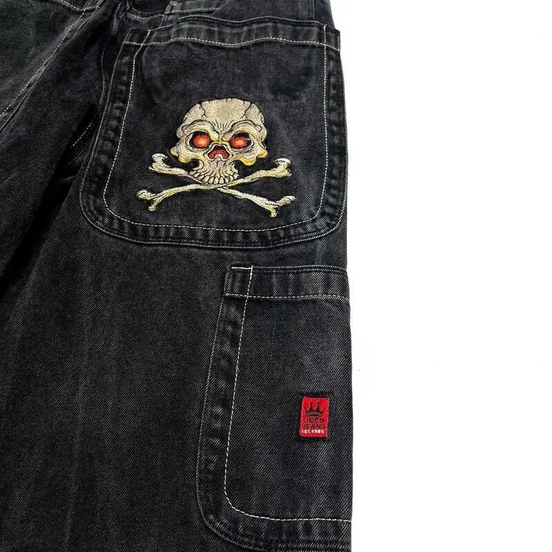 Δ กางเกงยีนส์ JNCO ใหม่ Haruku Hip Hop Vintage Skull Pattern ปักกางเกง